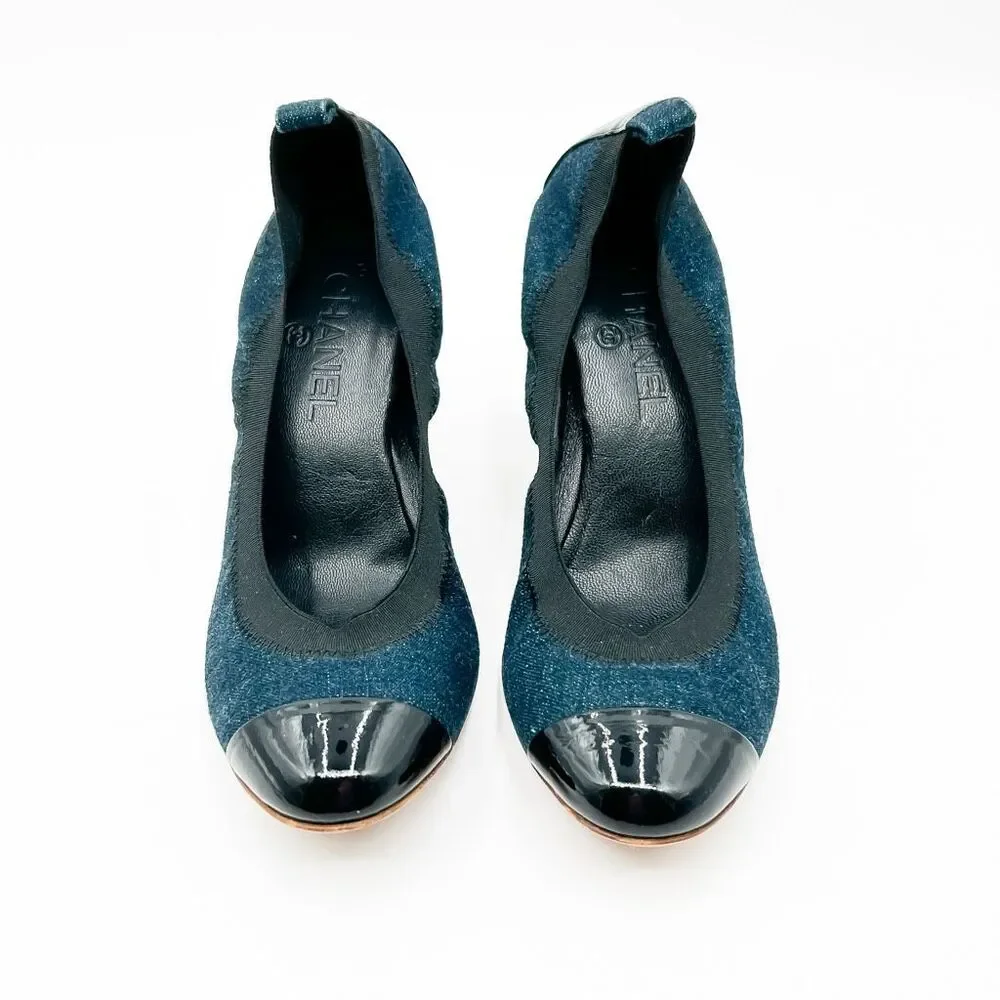 Chanel Elastic CC Logo Blue Denim Pumps High Heels Size 39 US 8-8.5